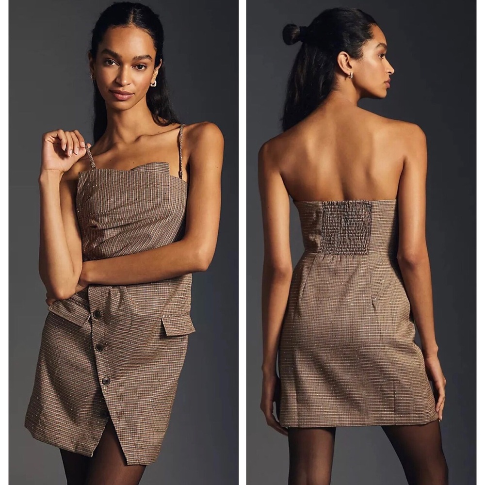 Maeve Anthropologie Herringbone Sequins Strapless Button Front Brown Dress sz 12